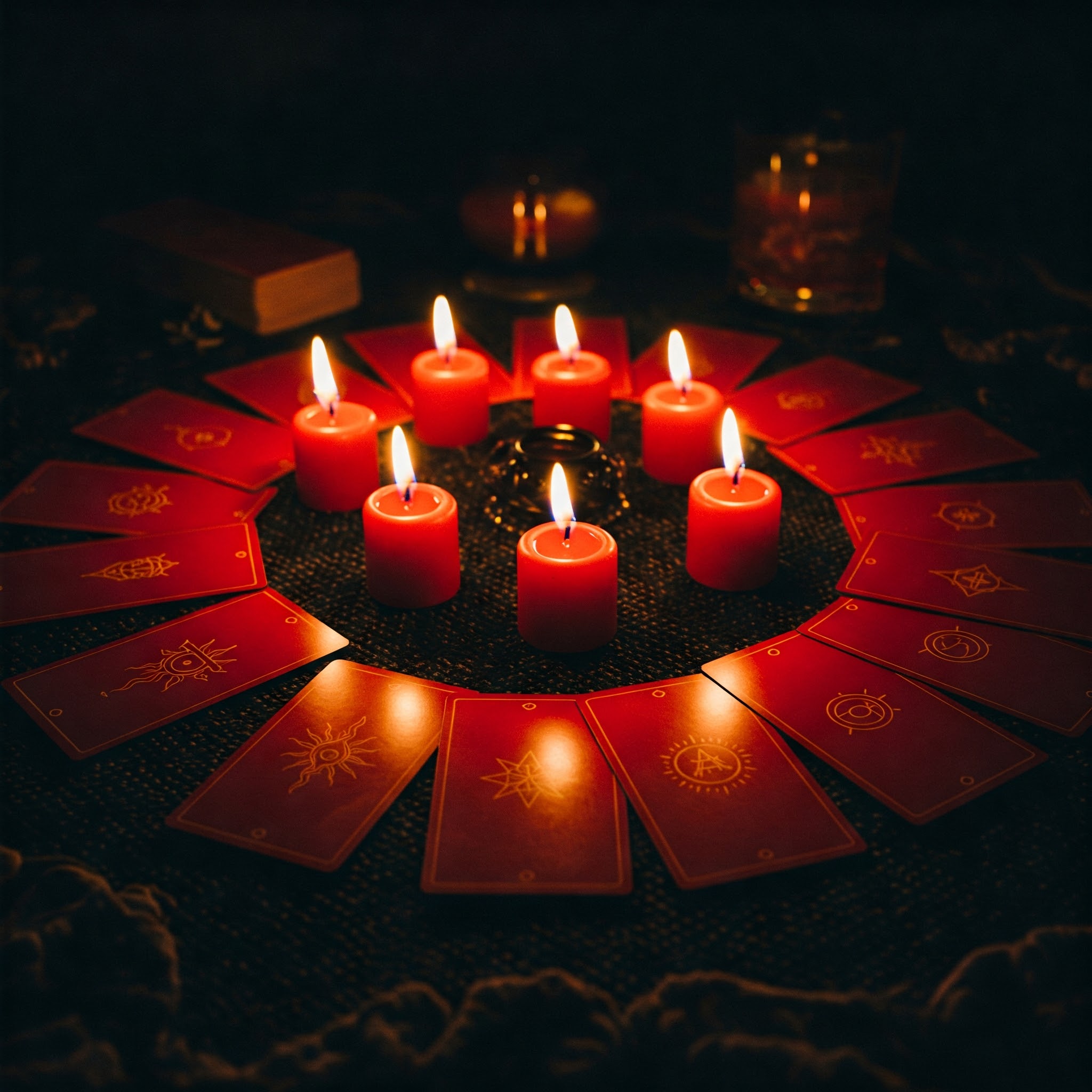Círculo de velas vermelhas acesas e cartas de Tarot dispostas em mandala para trabalho espiritual